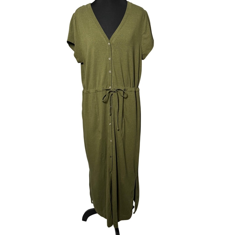 Sonoma Olive Green V-Neck Button-Front Drawstring Dress Size Large